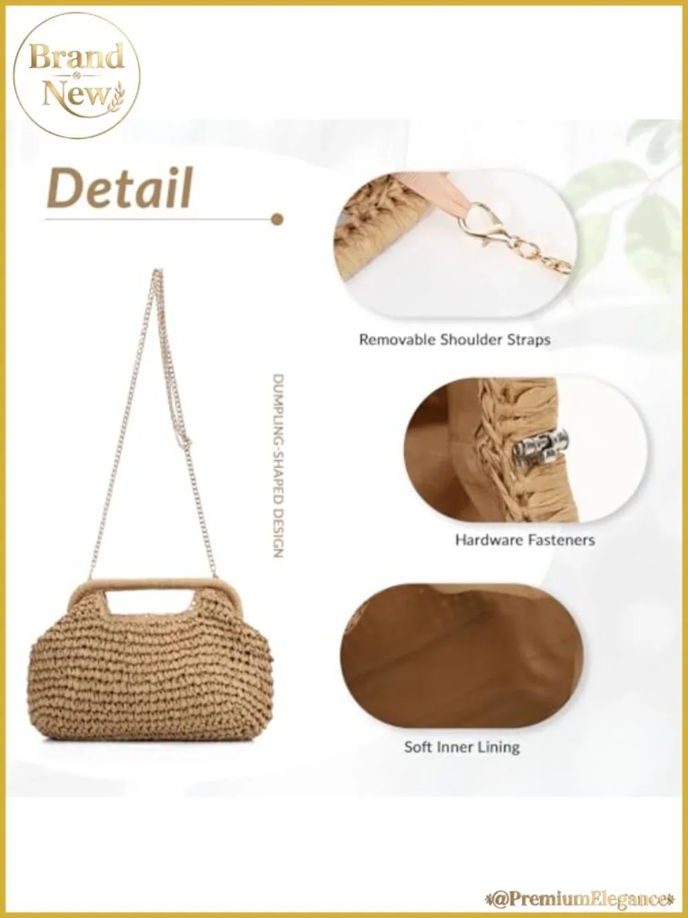 Woven Straw Dumpling Clutch Bag, Detachable Chain, Summer Beach Vacation Handbag